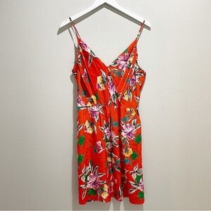 YUMI KIM Women’s Red Floral Silk GODDESS Fit N Flare Dress Faux Wrap Pockets L